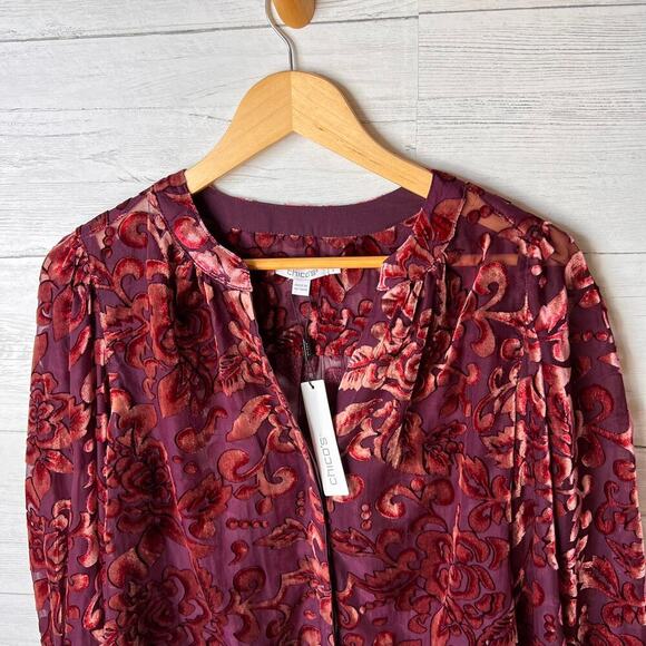 Chicos Blouse Womens Size 1 / US 8 Floral Velvet Burnout Button Down Blouson - Picture 7 of 16